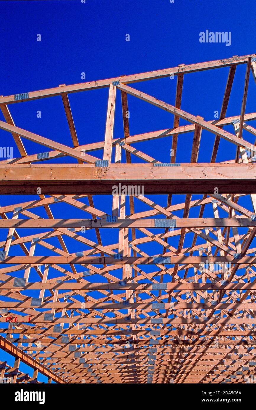 Holzdachbinder, die auf einem Industriegebäude errichtet werden Stockfoto
