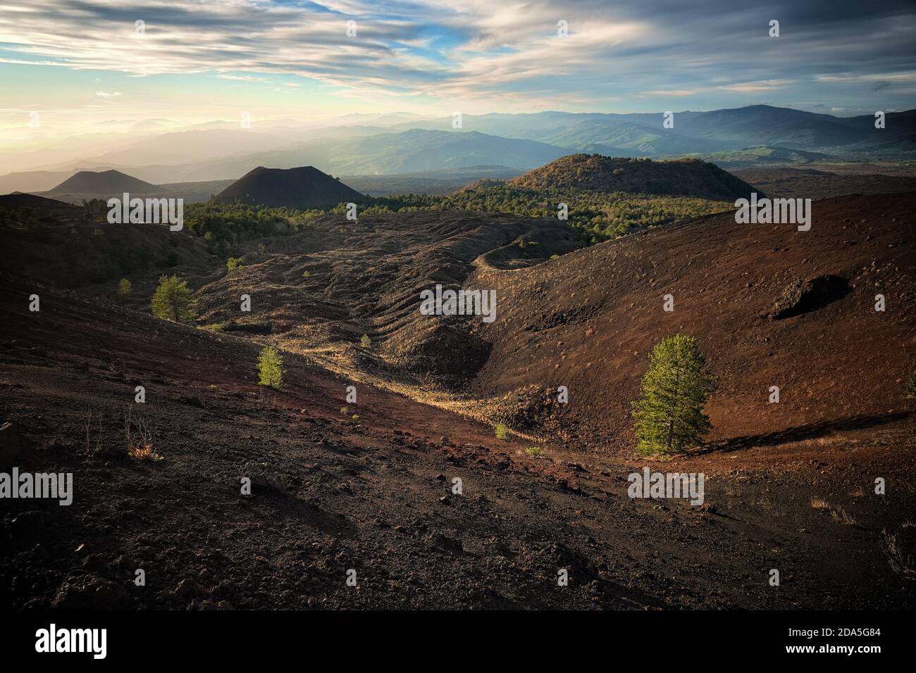 Alte vulkanische Kegel im Ätna Park bei Sonnenuntergang, Sizilien Stockfoto