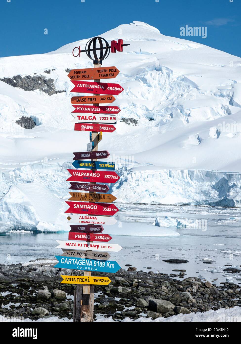 Wegweiser in der González Videla Base, einer chilenischen Forschungsstation in Paradise Bay, Antarktis. Stockfoto