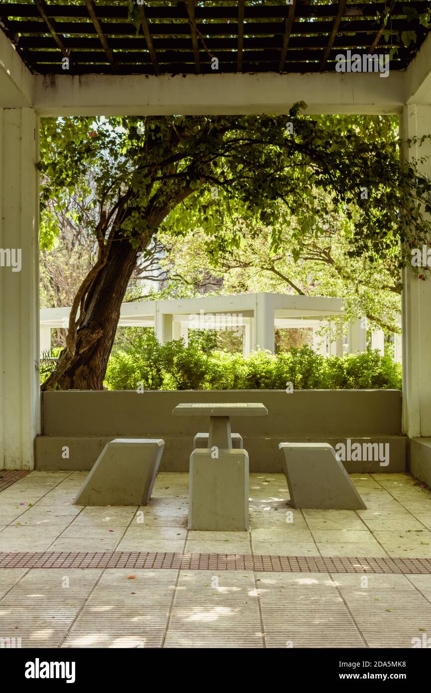 Betontisch und Bänke in einem platz oder Park, unter einer Struktur mit Reben bedeckt, die weichen Schatten bieten Stockfoto