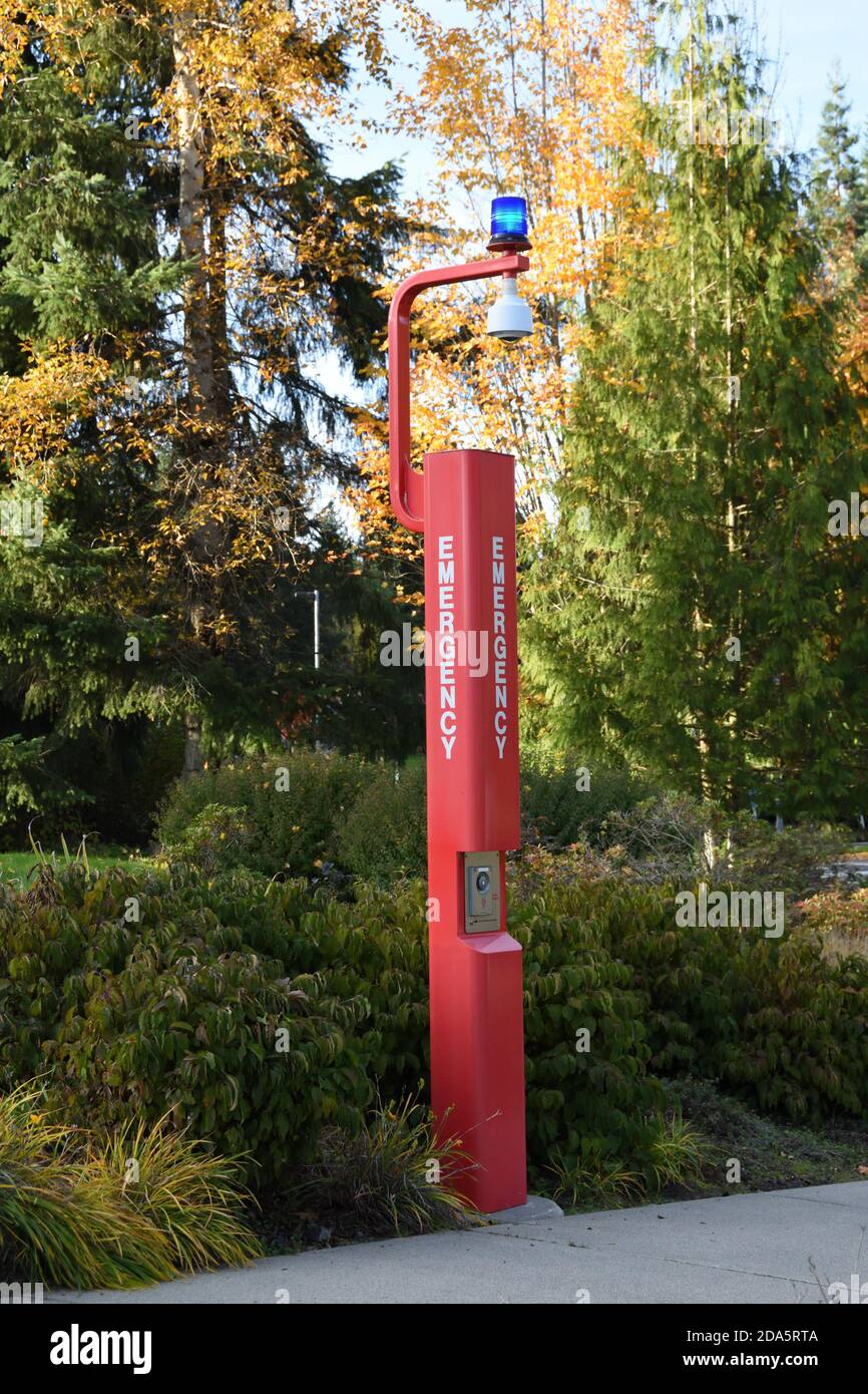 Hoher roter Notruftelefonmast am Firmensitz von Microsoft Redwest in Redmond, Washington, dem Vorort von Seattle, USA Stockfoto