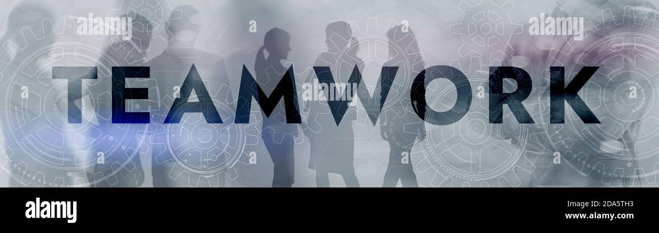 Silhouette des Geschäftsteams. Teamwork-Konzept auf Gear Background. Stockfoto