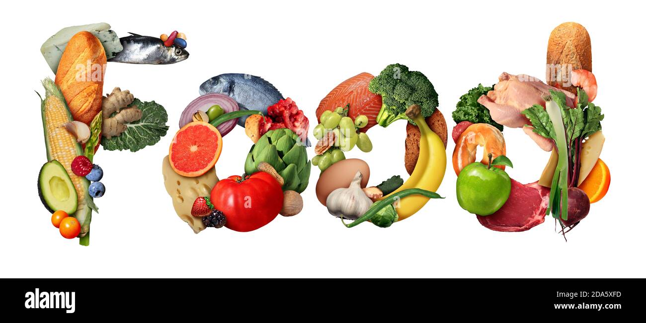 Lebensmittel-Symbol als frische Zutaten wie Gemüse Obst als Text geformt. Stockfoto
