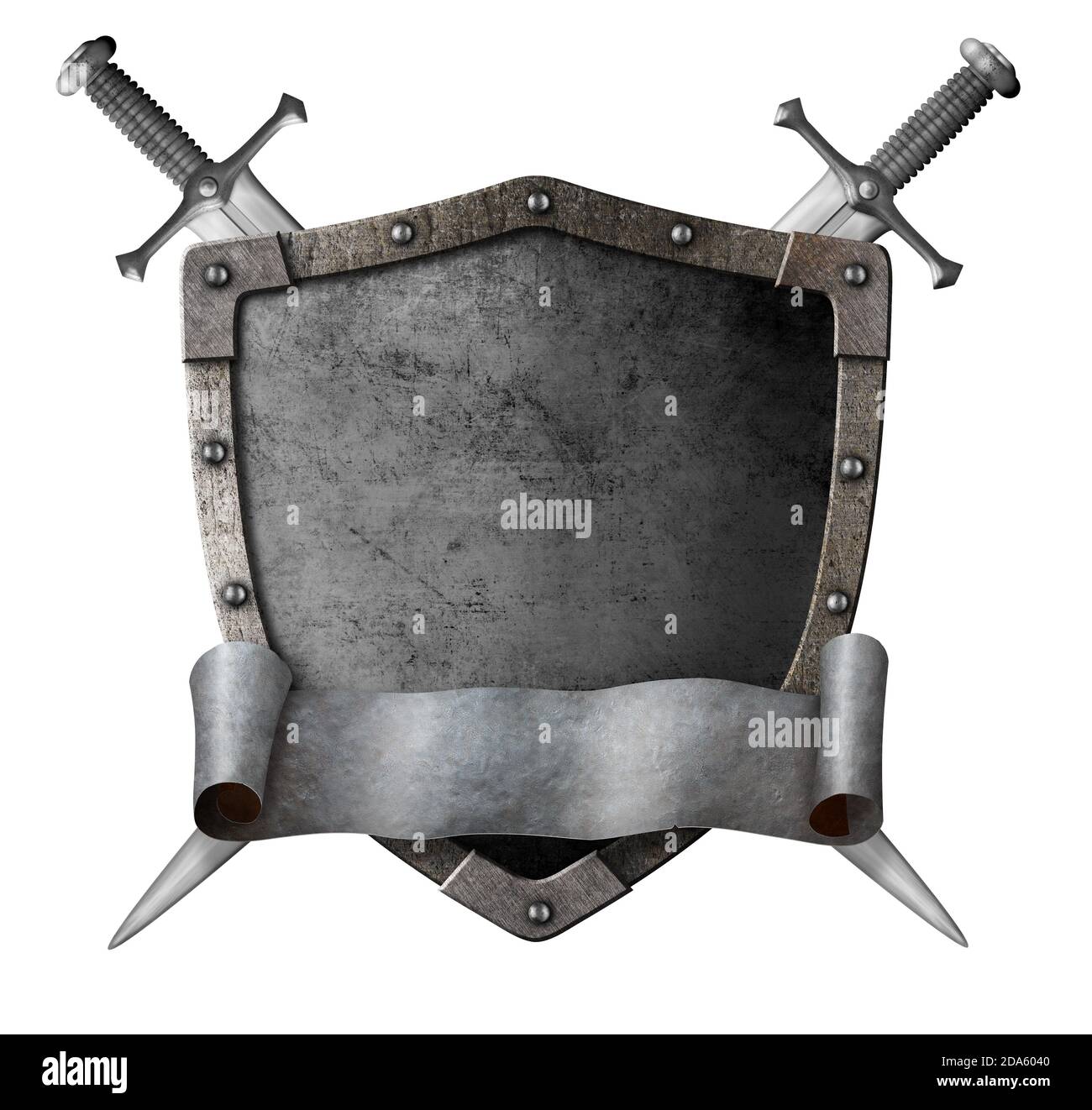 Metall klassischen Schild mit gekreuzten Schwertern und Motto scroll isoliert 3d-Illustration Stockfoto