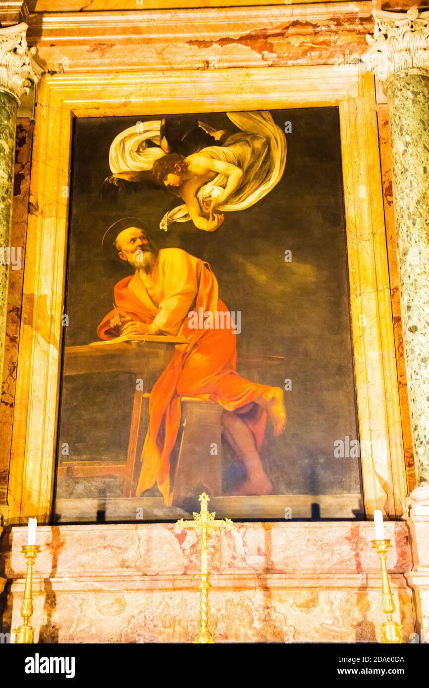 Caravaggio Malerei die Inspiration des heiligen Matthäus hängenden Kirche Saint Louis der Französisch Francais Kathedrale italienischen Maler Künstler Rom Italien Stockfoto