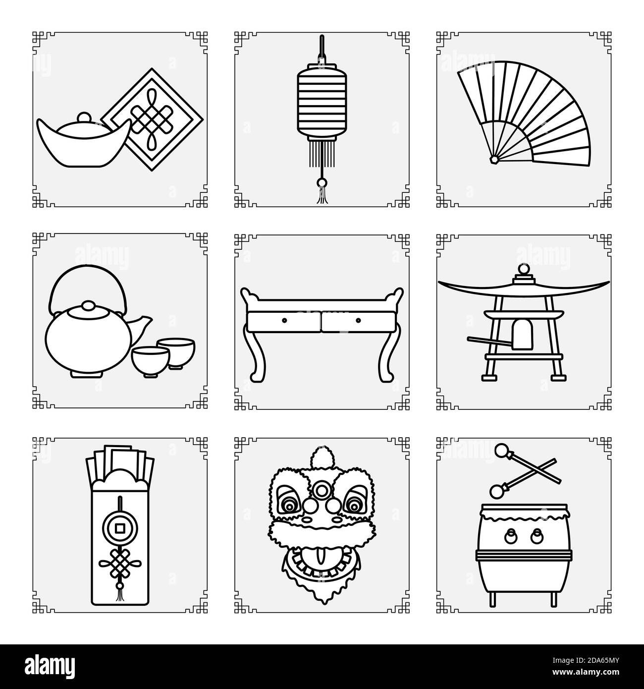 Symbole des chinesischen Neujahr 2021 Vektor-Illustration Chinesische Laterne, Glocke, Fächer, Teekanne und Tassen, Tisch, Ingot, Trommel, Umschlag mit Geld, Löwe ma Stock Vektor