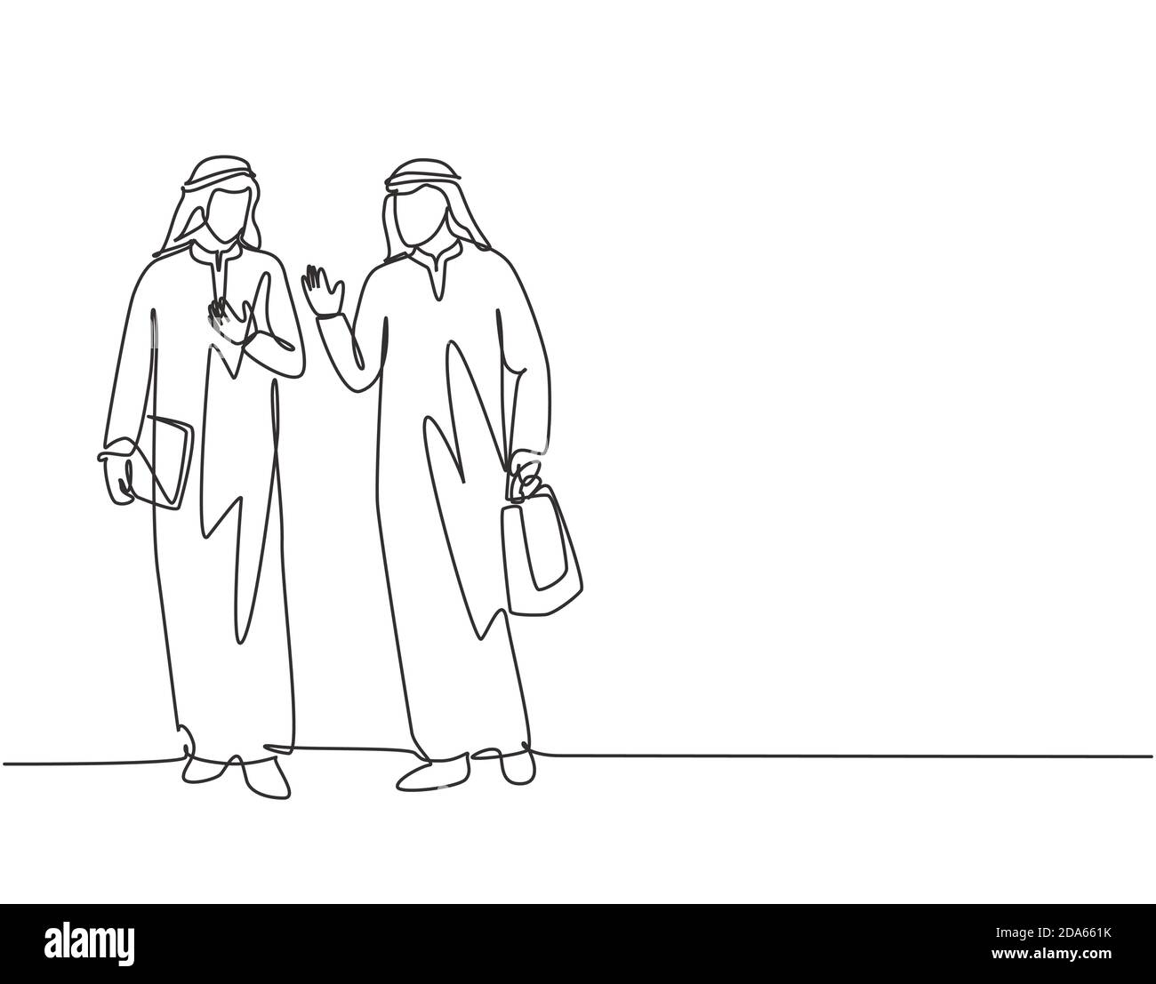 Einzelne kontinuierliche Linie Zeichnung von jungen muslimischen Geschäftsleuten zu Fuß zusammen, während nach Hause nach der Arbeit Stunden. Arabischer naher Osten Tuch Kandura, taub Stock Vektor