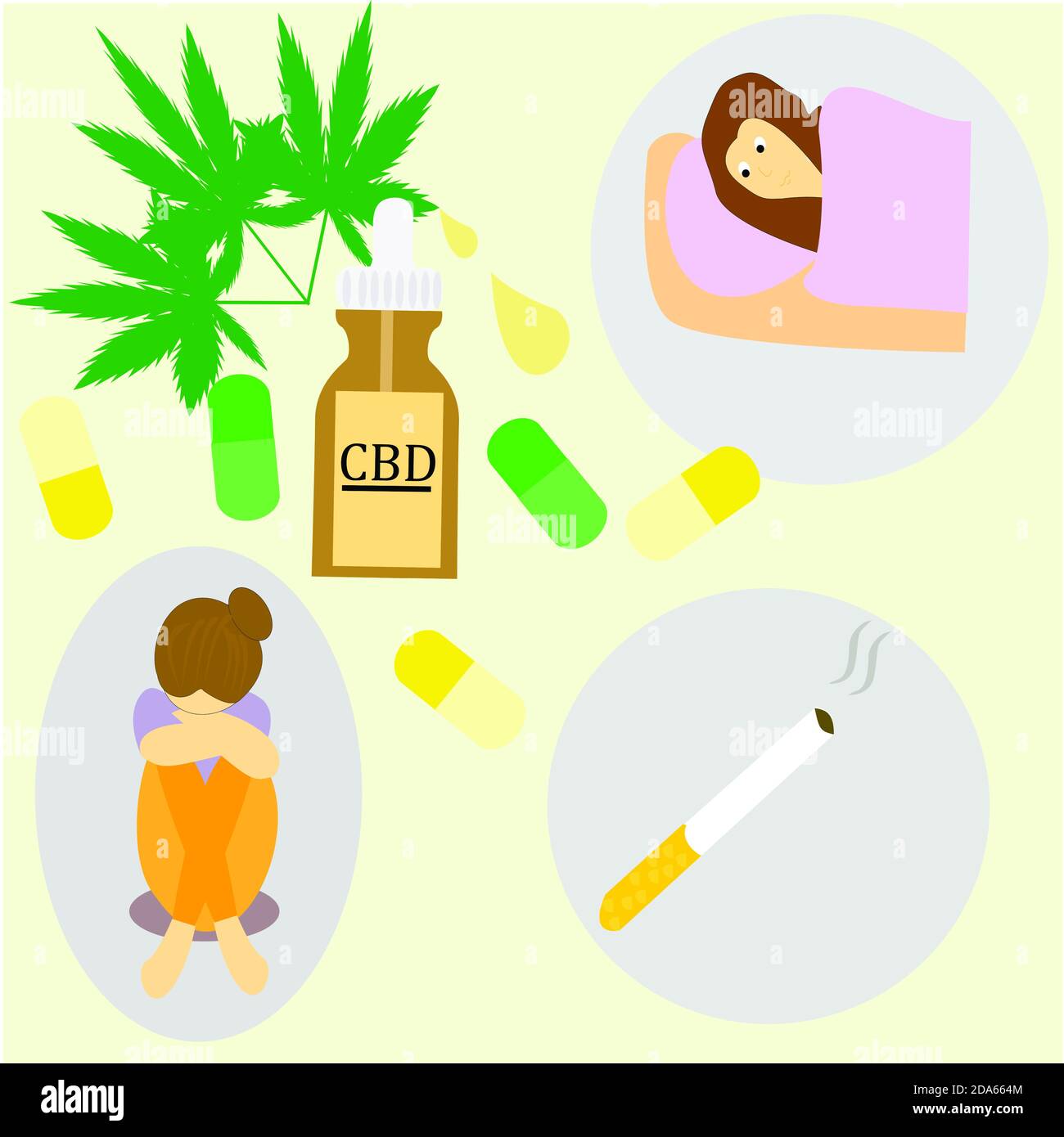 CBD-Öl und Cannabisblatt, natürliches Hanfprodukt, Verwendung für den Zweck der Depression, Angst, Rauchsucht, Schlaflosigkeit. Stockfoto