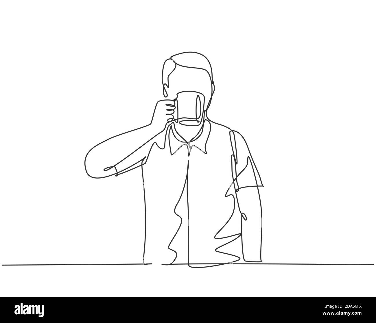 Eine kontinuierliche Einzellinie Zeichnung jungen glücklichen Mitarbeiter genießen Sie trinken eine Tasse großen Geschmack heißen frischen Espresso Kaffee. Kaffee oder Tee trinken Stock Vektor