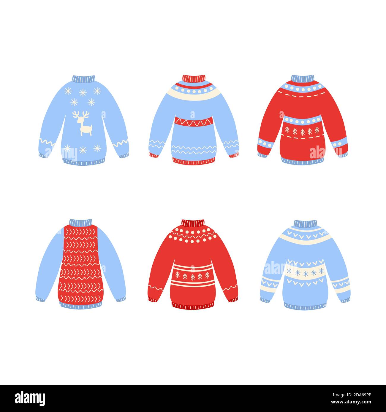 Traditionelle hässliche Weihnachten Pullover Set Vektor-Illustration isoliert auf weißem Hintergrund. Stock Vektor