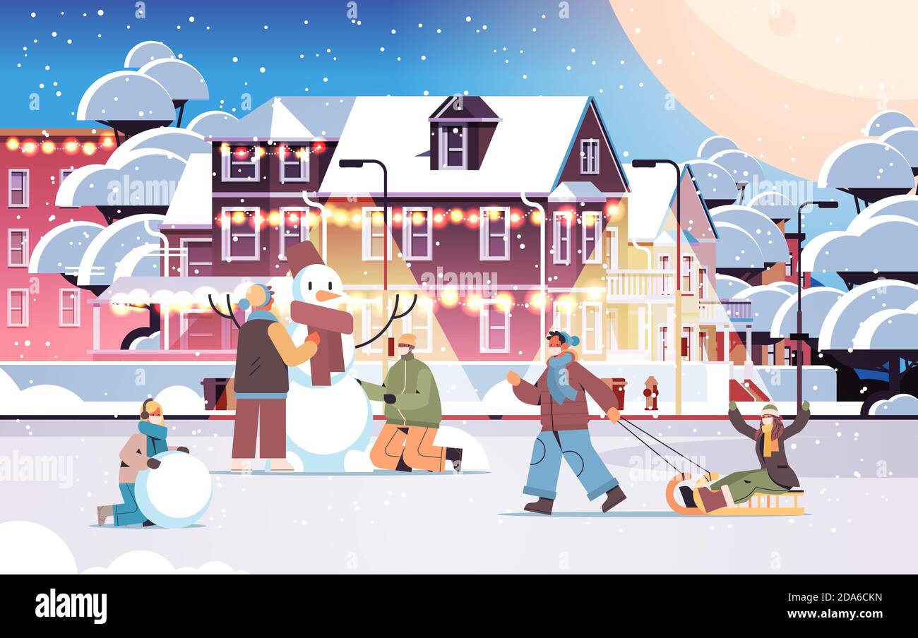 Mix Rennen Menschen in Masken mit Winter Spaß Männer Frauen Walking Outdoor Coronavirus Quarantäne Konzept volle Länge horizontale Vektor-Illustration Stock Vektor