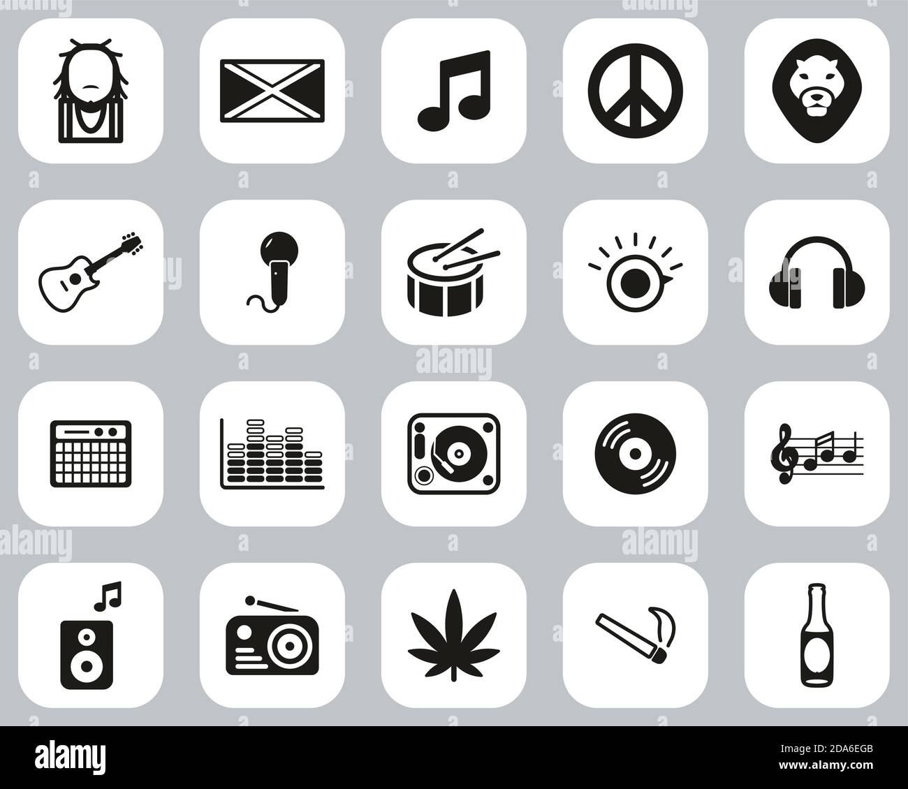 Reggae Musik & Kultur Ikonen Black & White Flat Design Groß Einstellen Stock Vektor