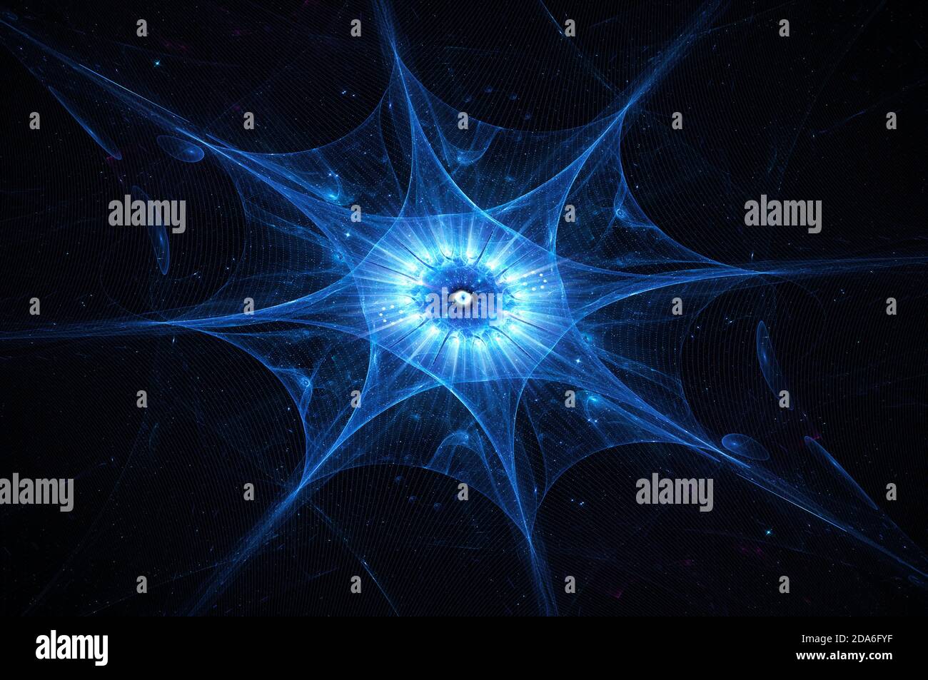 Blau leuchtender Quantenprozessor mit neuronalem Netzwerk, computergeneriertes abstraktes Kunstwerk, 3D-Rendering Stockfoto