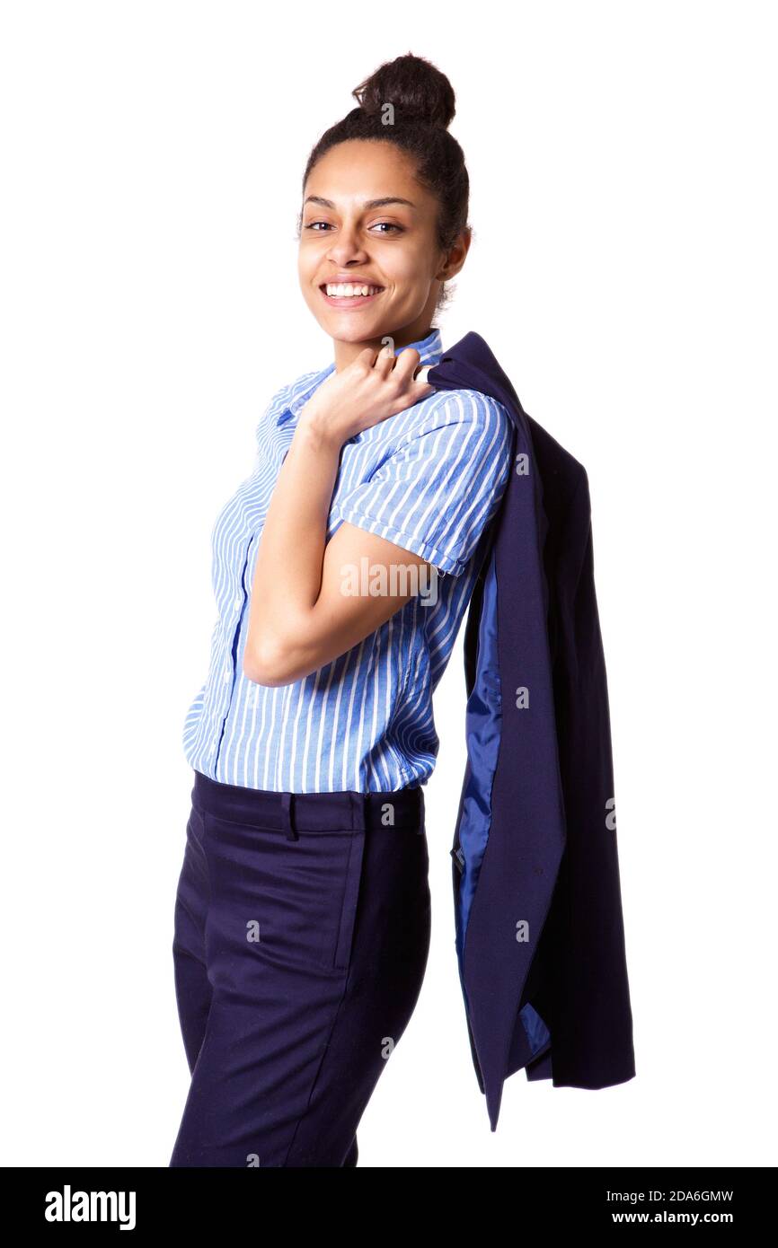Porträt einer glücklichen weiblichen Führungskraft mit Mantel über ihr Schulter Stockfoto