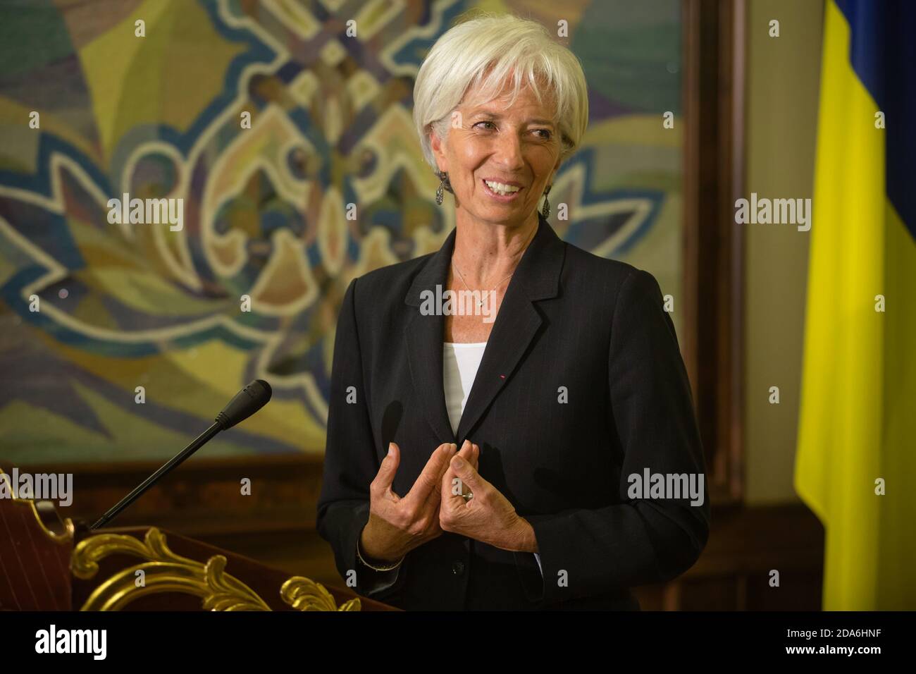 KIEW, UKRAINE - 06. Sep 2015: Geschäftsführerin des Internationalen Währungsfonds, Christine Lagarde, bei einem Treffen mit dem Präsidenten der Ukraine, Petro Poroschenko, in Kiew Stockfoto