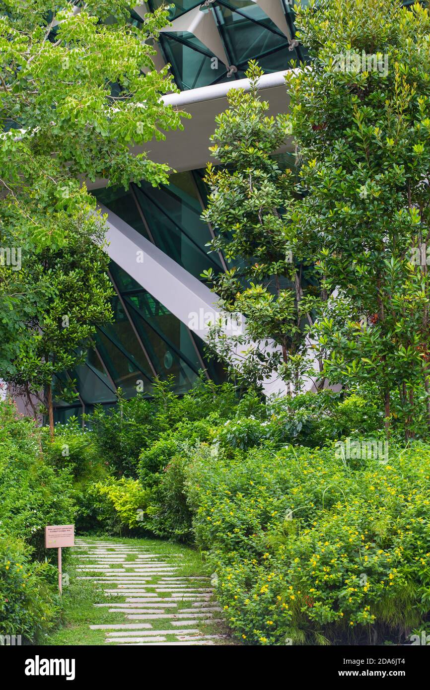 Vertikale Ansicht eines Weges mit verschiedenen Grünpflanzen außerhalb Esplanade Theater gepflanzt. Singapur. Stockfoto