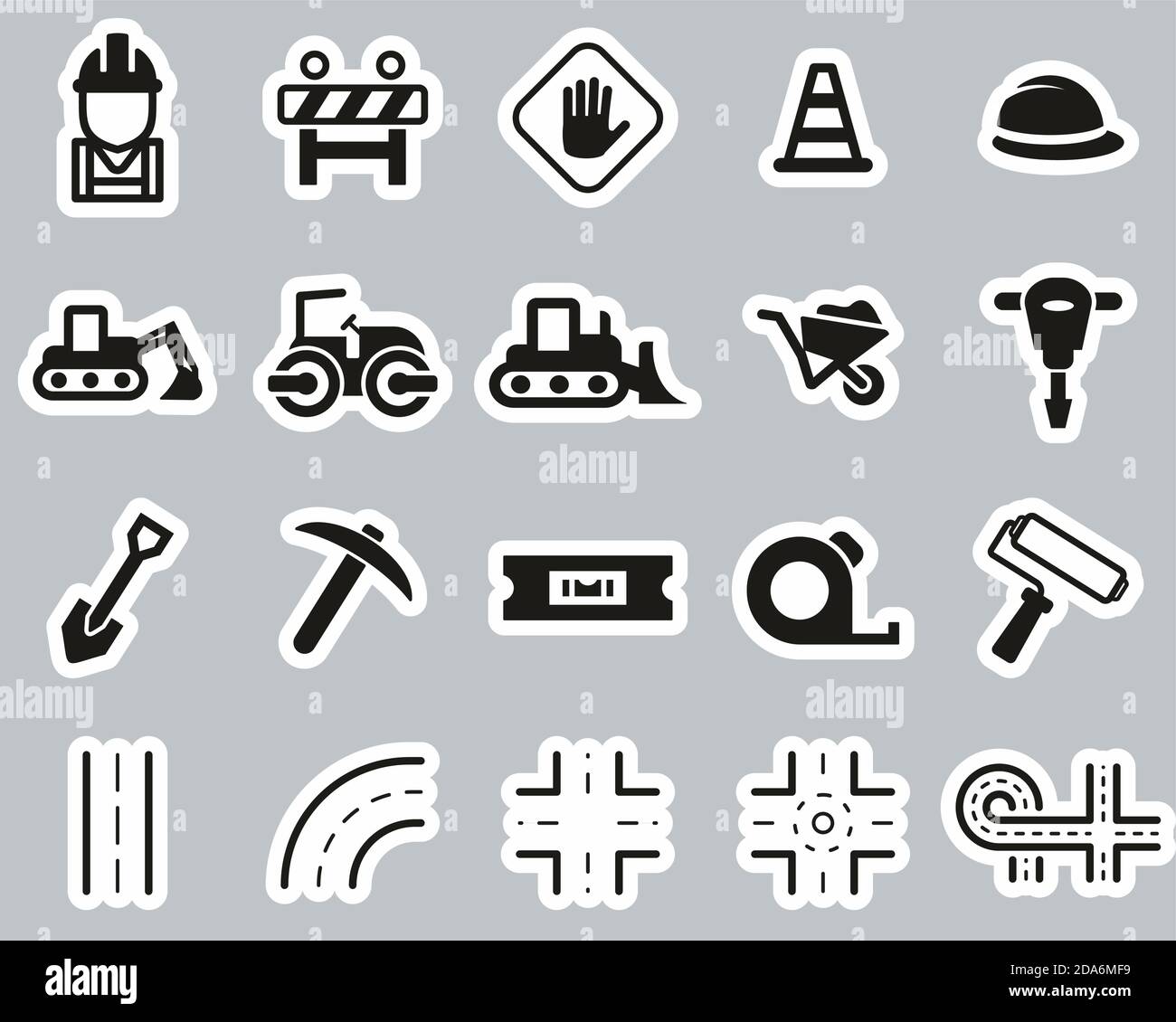 Straßenbau Icons Schwarz & Weiß Sticker Set Groß Stock Vektor