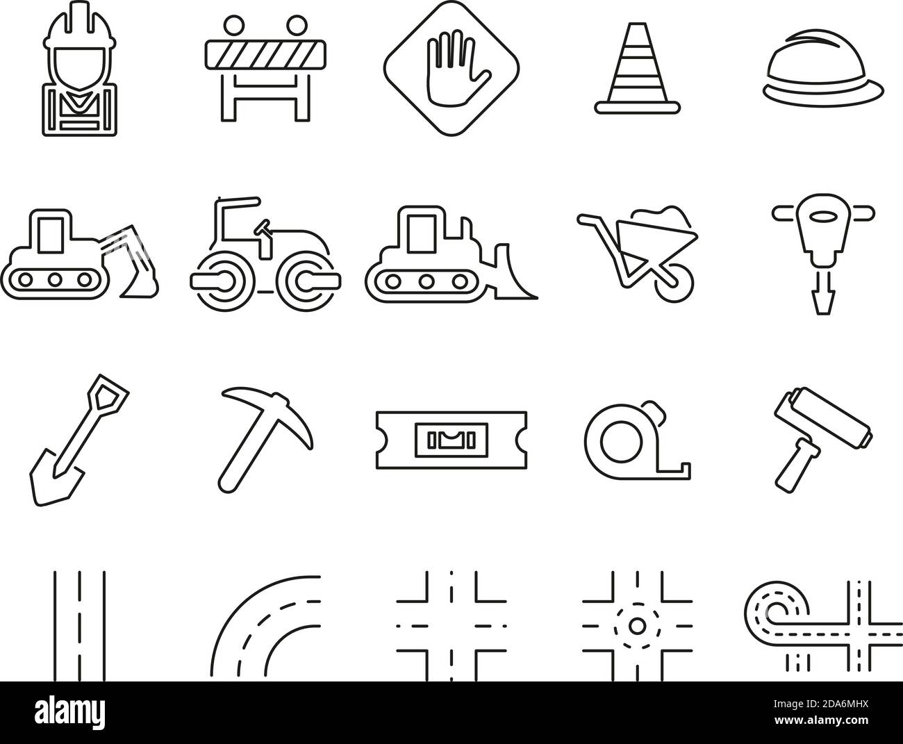 Straßenbau Icons Black & White Thin Line Set Big Stock Vektor