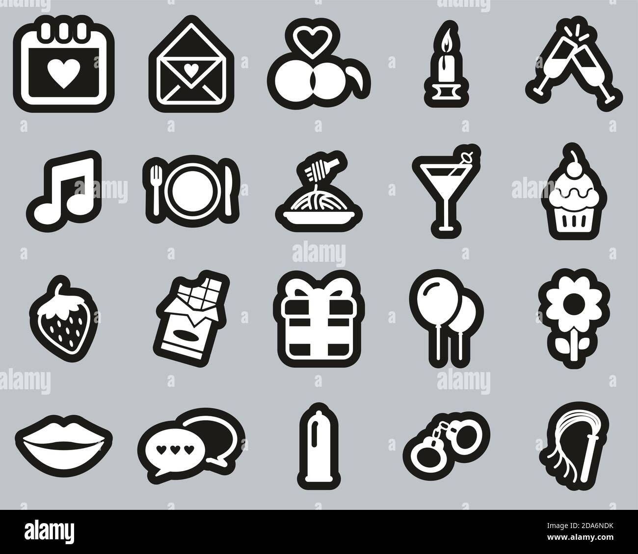 Romantische Oder Umwerfende Ikonen Weiß Auf Schwarz Sticker Set Groß Stock Vektor