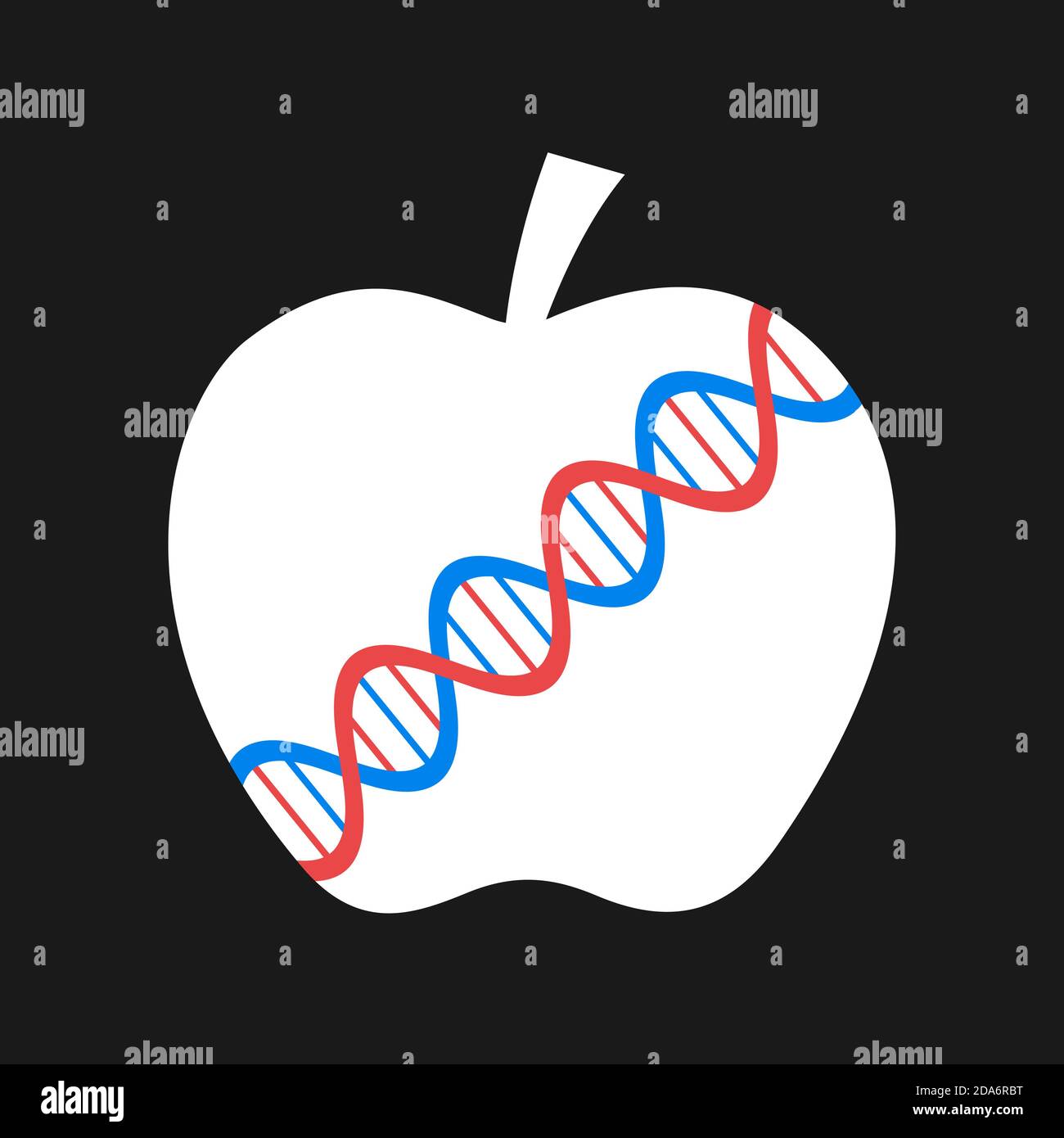 Genetisch veränderter Organismus und Nahrung - Obst und Apfel mit DNA-Doppelhelix. Vektorgrafik. Stockfoto