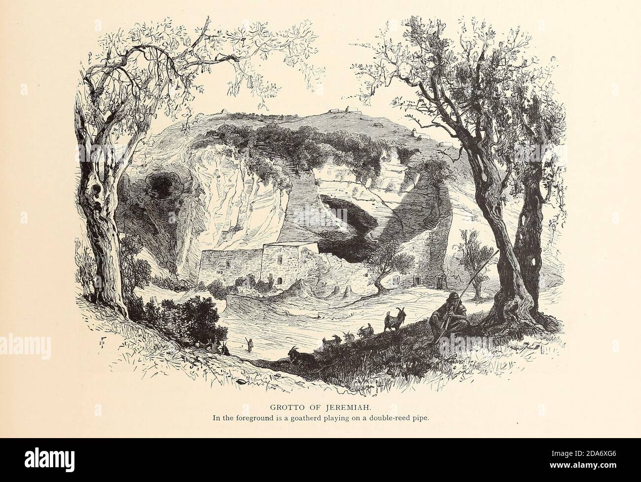 Grotte von Jeremia mit Ziegen und Hirten, Jerusalem aus dem Buch malerische Palästina, Sinai und Ägypten von Colonel Wilson, Charles William, Sir, 1836-1905. Erschienen in New York bei D. Appleton and Company 1881 mit Gravuren in Stahl und Holz nach Originalzeichnungen von Harry Fenn und J. D. Woodward Band 1 Stockfoto