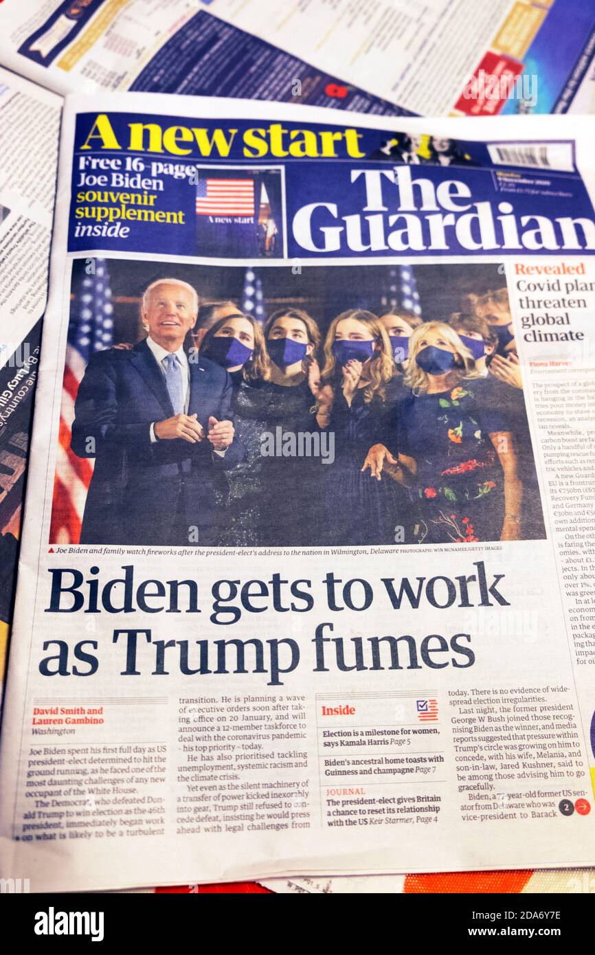 "Biden wird als Trump arbeiten" Joe Biden Guardian Schlagzeilen Titelseite der Zeitung am 9. November 2020 nach 7 November gewinnt, um der nächste US-Präsident zu sein Stockfoto