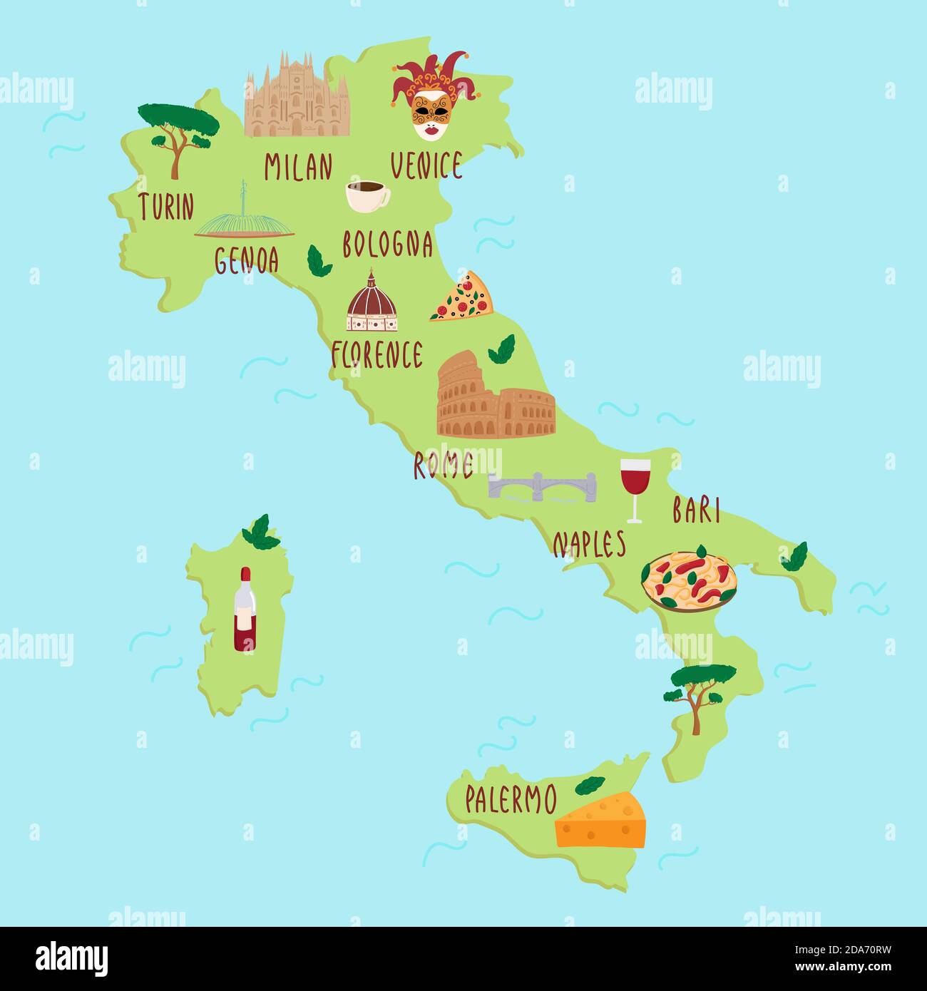 Touristische Infografiken über Amerika. Nationale Symbole. Berühmte Sehenswürdigkeiten. Cartoon-Karte mit italienischen Tempeln, Geschirr, Bäumen. Farbige Vektordarstellung Stock Vektor