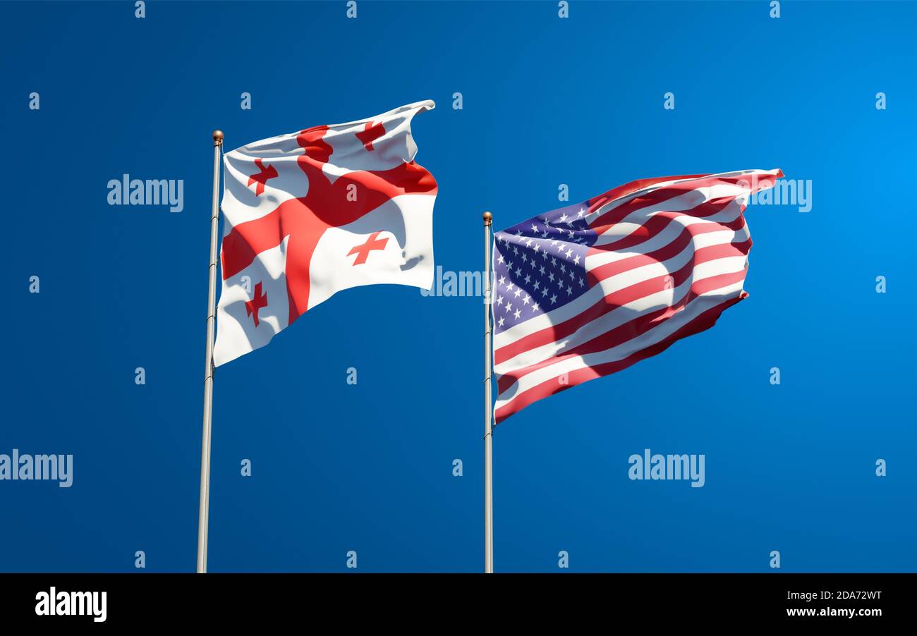 Schöne Nationalstaaten Flaggen von Georgien und USA zusammen am Himmel Hintergrund. 3D-Artwork-Konzept. Stockfoto