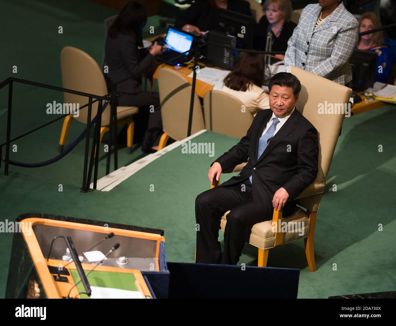 NEW YORK, USA - 28. Sep 2015: Präsident der Volksrepublik China Xi Jinping bei der Eröffnung der 70. Sitzung der Generalversammlung der Vereinten Nationen in New York Stockfoto