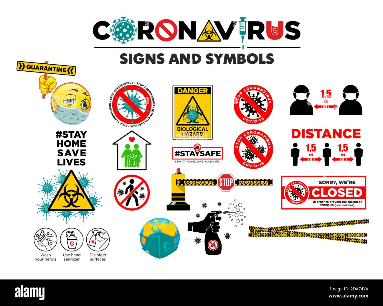 Coronavirus Zeichen und Symbole gesetzt. Vorbeugende Maßnahmen, Quarantäne für Infektionen mit COVID-19. Infografiken zur Verwendung auf der Website, Flyer, Werbung Stock Vektor