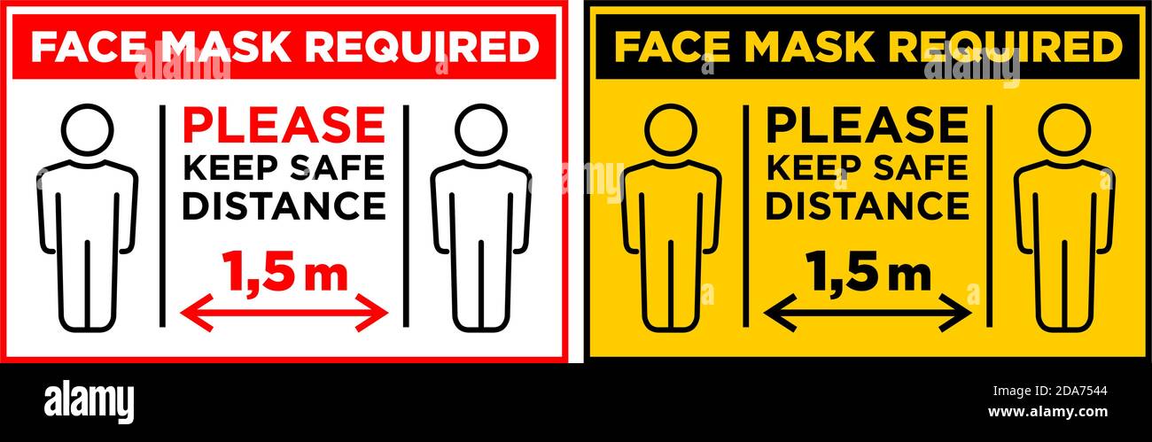 Gesichtsmaske erforderliches Schild. Halten Sie einen Sicherheitsabstand von 1,5 m. ein Horizontale Warnschilder für Restaurants, Cafés und Einzelhandelsgeschäfte. Abbildung, Vektor. Stock Vektor
