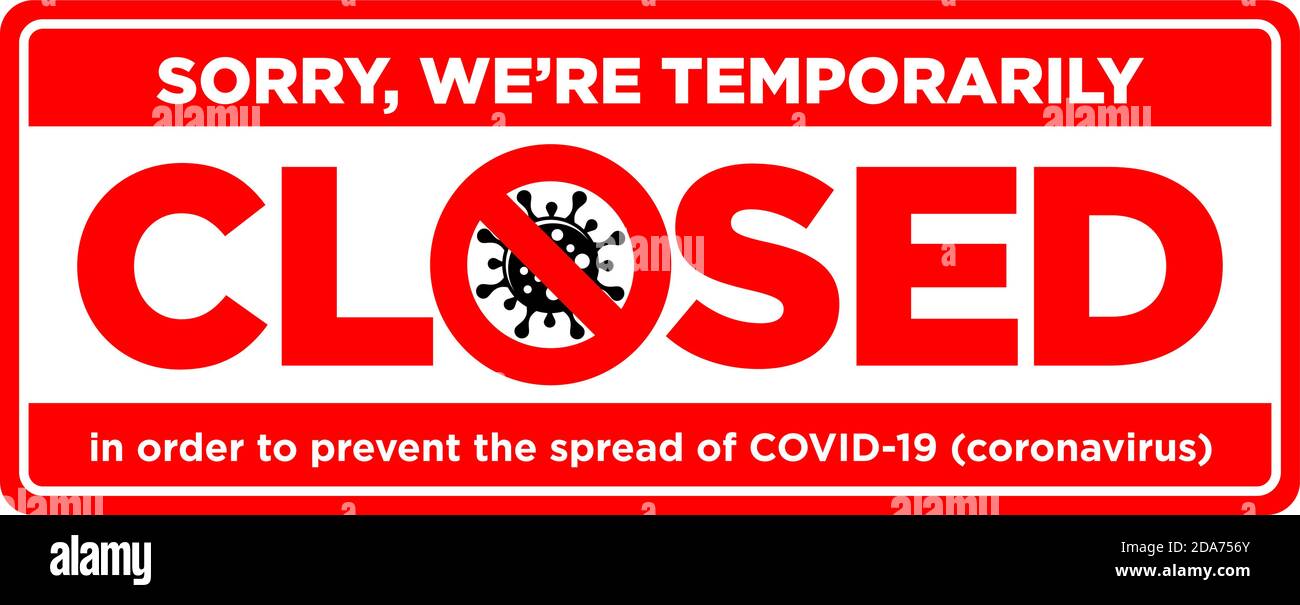 Informationswarnschild Büro ist vorübergehend durch die Coronavirus Quarantänemaßnahmen an öffentlichen Orten geschlossen. Einschränkung und Vorsicht COVID-19. Illust Stock Vektor