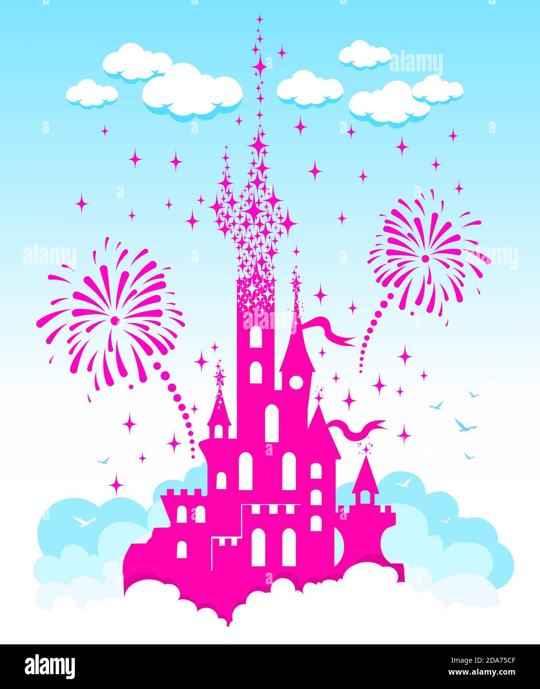 Princess Castle. Fantasy rosa fliegenden Palast in den Wolken auf dem Hintergrund von Feuerwerk und Sterne. Märchenhafter Königlicher Mittelalterlicher Paradies Palast. Zeichentrickfilm Stock Vektor