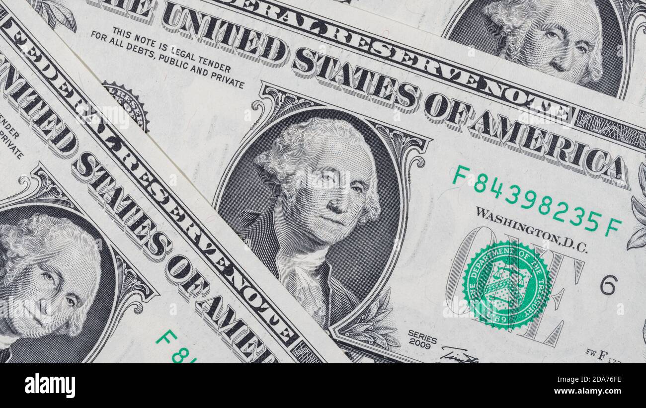 Nahaufnahme von George Washingtons Gesicht auf US $1 / 1-Dollar-Schein. Für den Wert von US-Dollar, US-Bankenkrise, Dollar-Wechselkurs, US-Greenback. Stockfoto