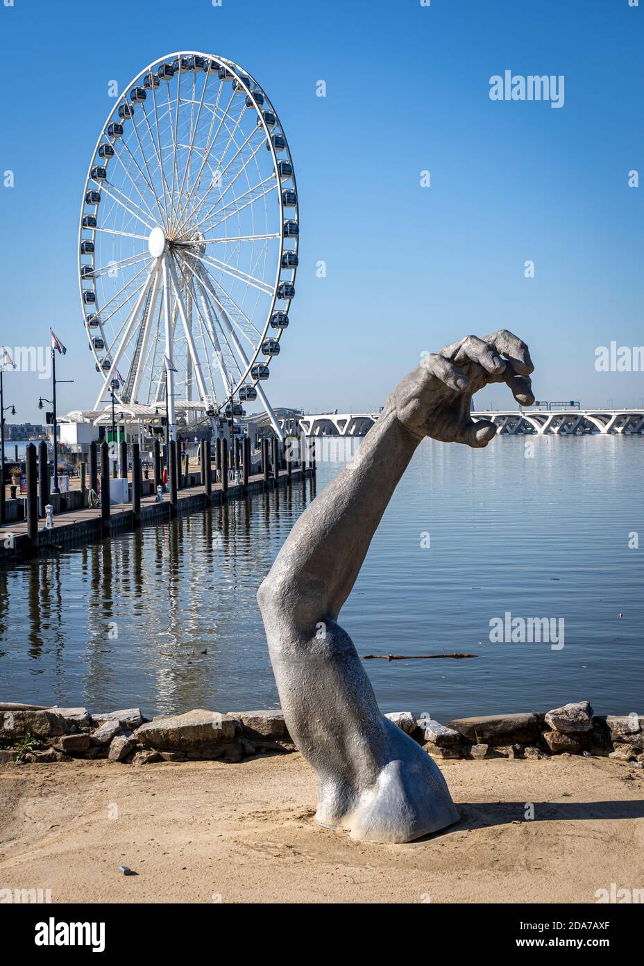 Eine Armskulptur ragt aus dem Sand vor dem Capital Wheel im National Harbour, Maryland, mit der Woodrow Wilson Bridge dahinter. Stockfoto