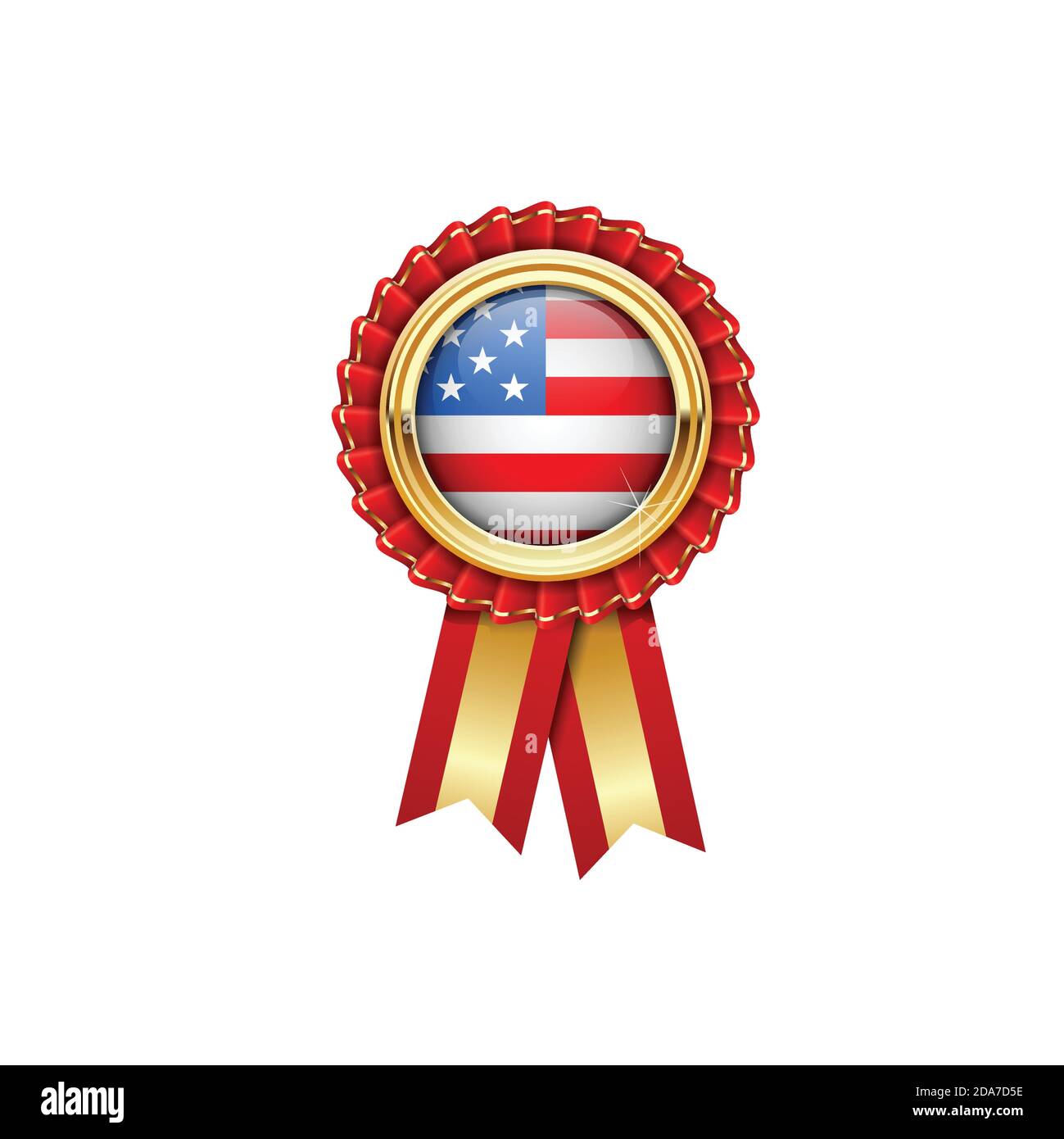 Rote Rosette mit US-Flagge in Gold Abzeichen, American Award Symbol oder Qualität Symbol mit Flagge der Vereinigten Staaten von Amerika Stock Vektor