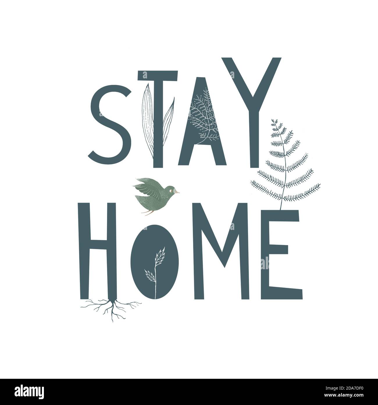 Inschrift Bleiben Sie zu Hause mit Naturelementen Stockfoto