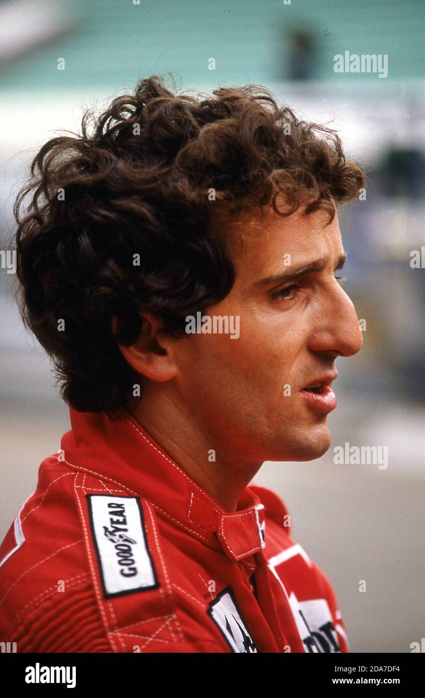 Alain Prost beim Großen Preis von Portugal 1985 Estoril. Stockfoto