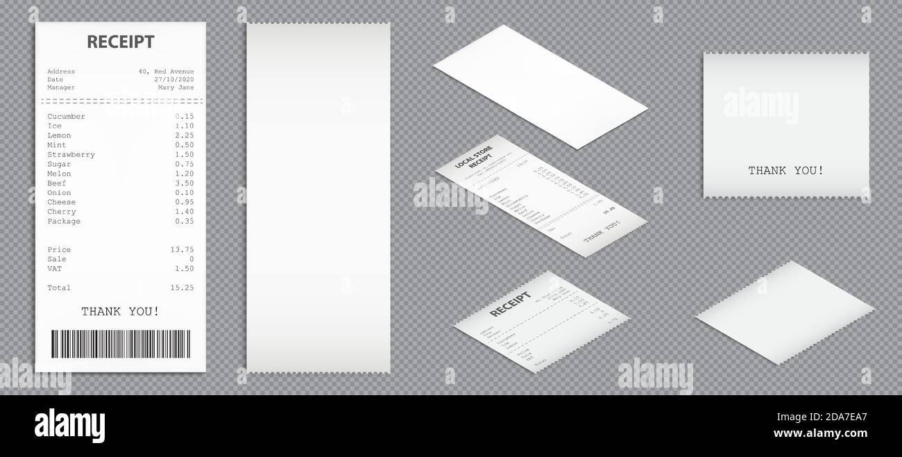 Shop Receipts, Papierbarschecks mit Barcode oben und perspektivische Ansicht. Vector realistische Satz von Rechnungen, leere und gedruckte Rechnungen. Shopping-Checks isoliert auf transparentem Hintergrund Stock Vektor