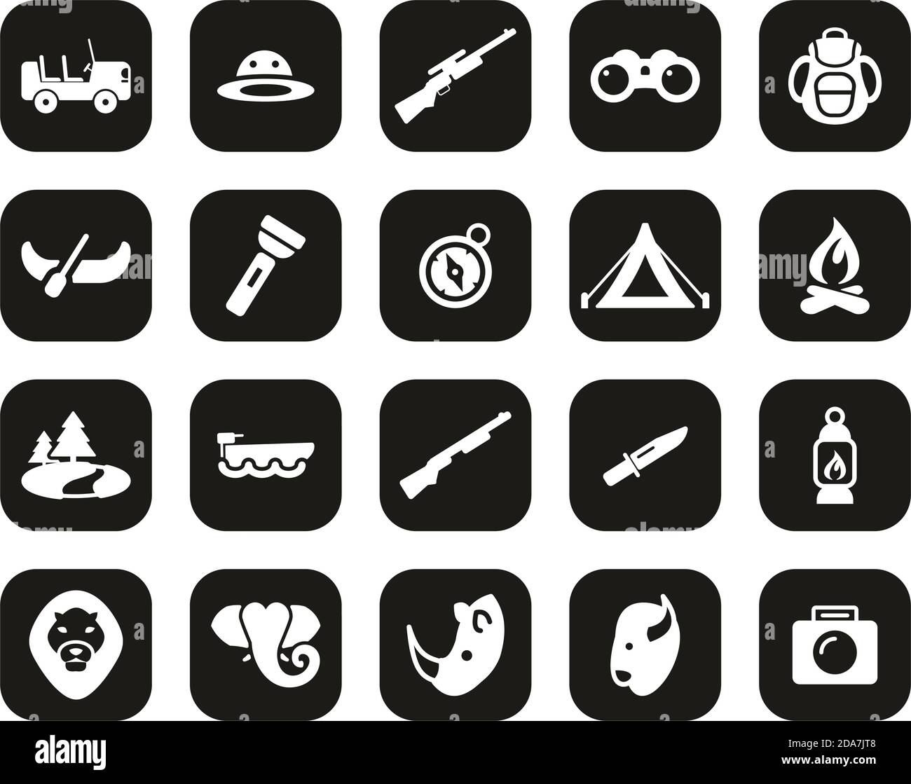 Safari Oder Jagd Icons Weiß Auf Schwarz Flat Design Set Groß Stock Vektor