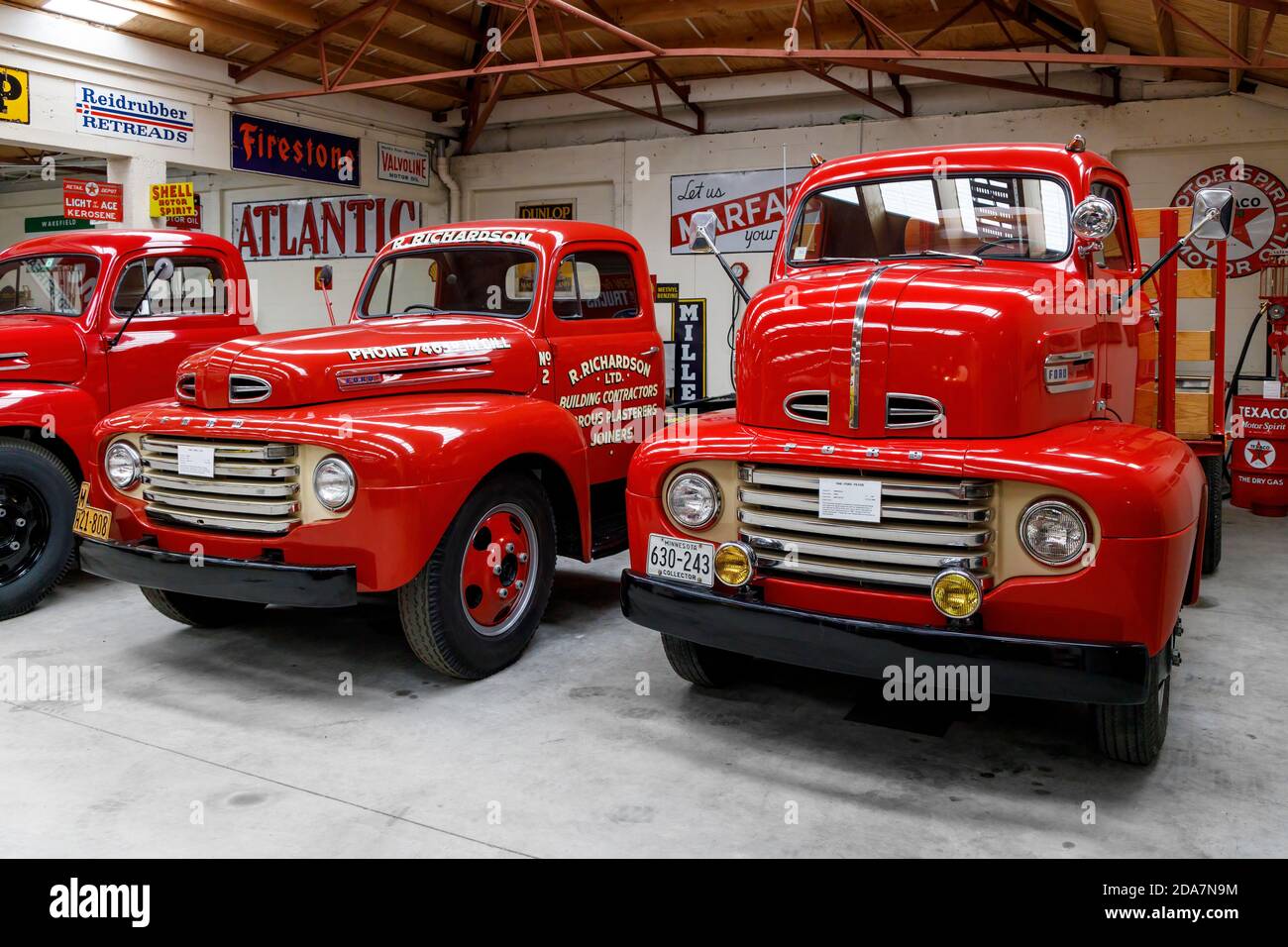 1949 Ford F6 COE und 1949 Ford F135 im Bill Richardson Transport World Museum, Invercargill, Neuseeland. Stockfoto