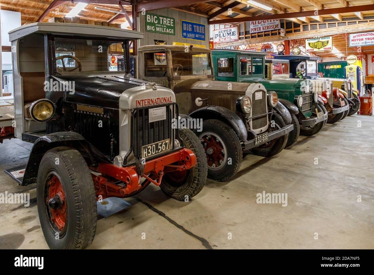 Verschiedene Oldtimer-Trucks, darunter ein 1926 International 43 Pickup im Bill Richardson Transport World Museum, Invercargill, Neuseeland. Stockfoto