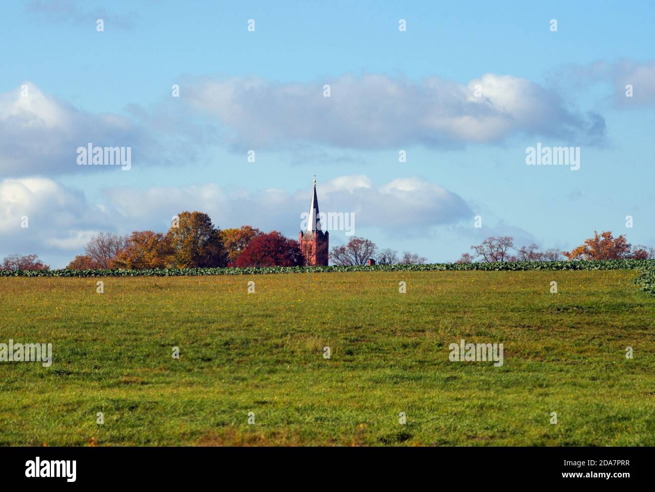 04. November 2020, Brandenburg, Perleberg/OT Groß Linde: Der Kirchturm in Groß Linde ist hinter einer Weide und neben herbstlich belaubten Bäumen zu sehen. Das Dorf wurde erstmals 1345 urkundlich erwähnt, als Groten Lynde im Besitz der Ritter von Quitzow war. Die aus der Ferne gut zu erkennenden Kirche wurde 1862 vom preußischen Baubeamten und Architekten Friedrich August Stüler erbaut, der den Turm mit einem quadratischen Grundriss gestaltete. Foto: Soeren Sache/dpa-Zentralbild/ZB Stockfoto
