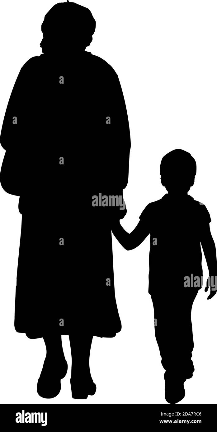 Silhouette der Großmutter zu Fuß mit Enkel Stock Vektor