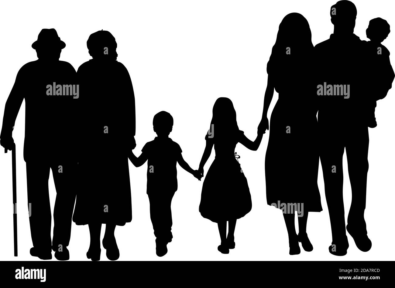 Familie Silhouetten Großeltern Vater Mutter und drei Kinder von hinten Stock Vektor