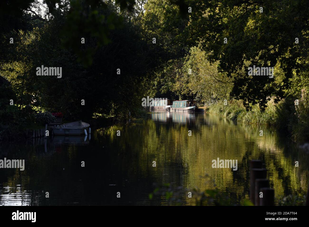 Zwei Narrow Boats spiegeln sich in den stillen Gewässern des Schönen Basingstoke Canal in der Nähe der Gerstenmähbrücke in Dogmersfield Stockfoto