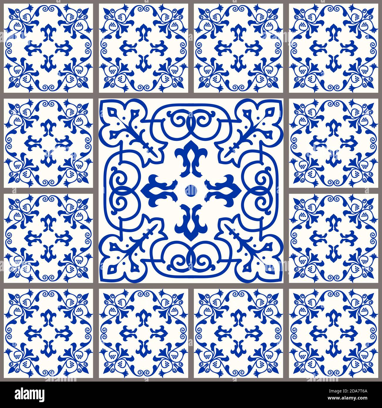 Majolika-Keramikfliesen, blaues und weißes Azulejo, original traditionelle portugiesische und spanische Einrichtung. Nahtloses Damast-Muster. Handgezeichnetes Muster. Vektor. Stock Vektor