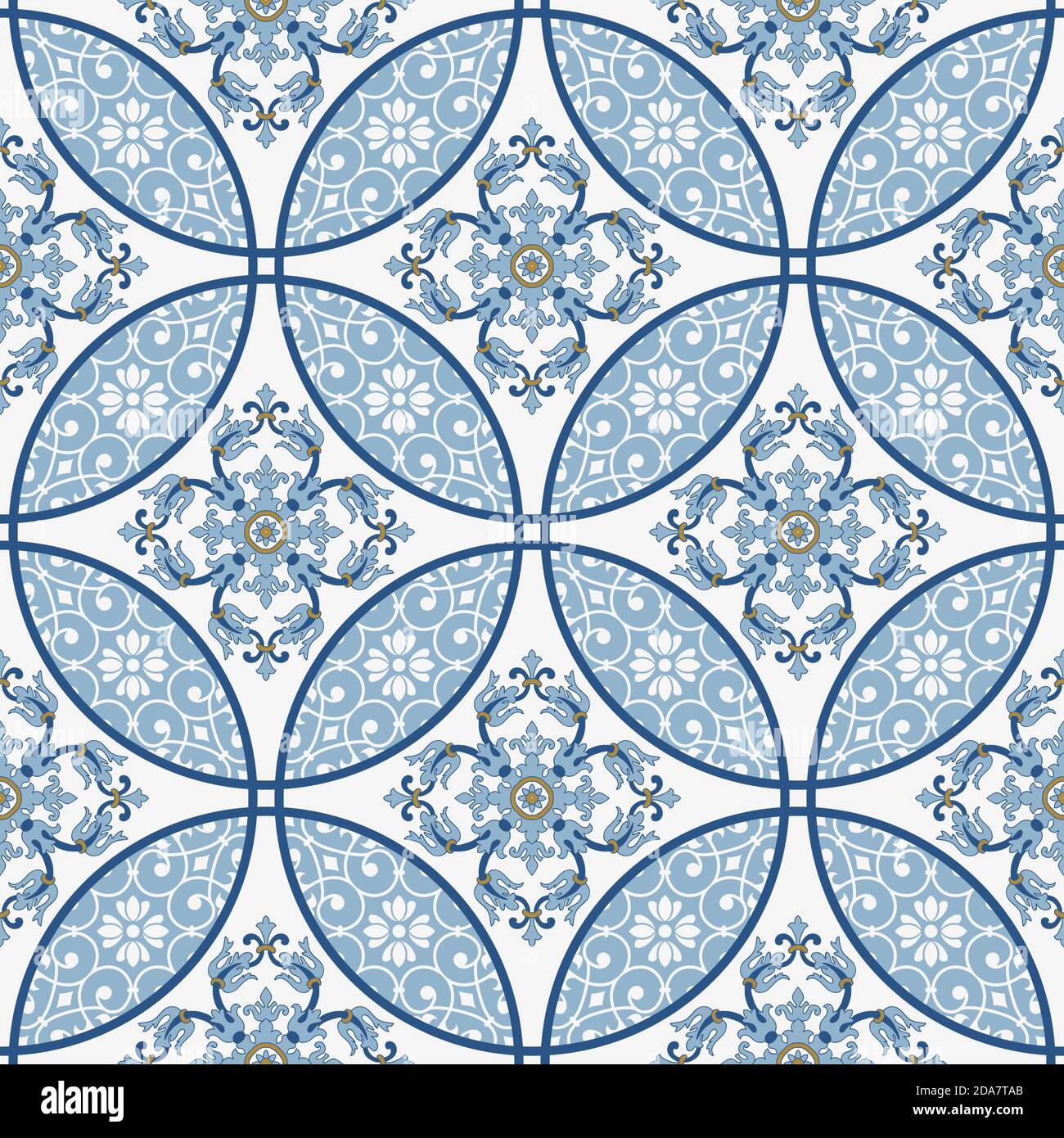 Majolika-Keramikfliesen, blaues und weißes Azulejo, original traditionelle portugiesische und spanische Einrichtung. Nahtlose Patchwork-Fliese mit viktorianischen Motiven. Vektor Stock Vektor