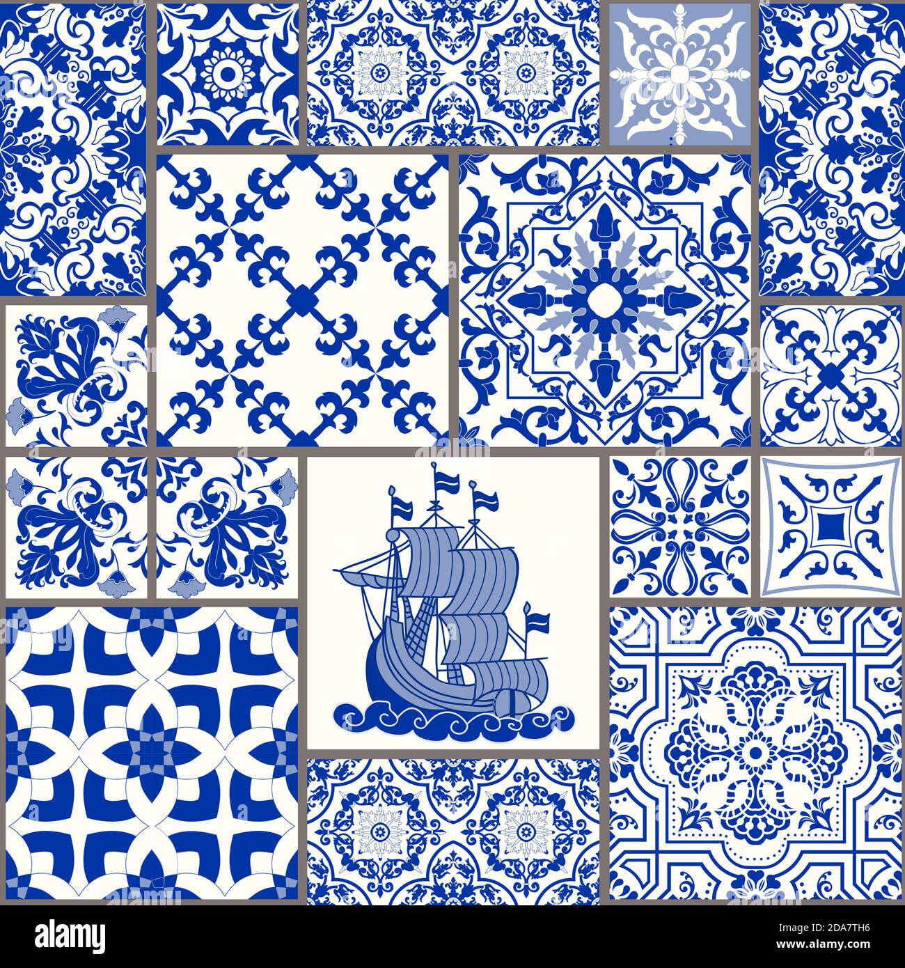 Majolika-Keramikfliesen, blaues und weißes Azulejo, original traditionelle portugiesische und spanische Einrichtung. Nahtlose Patchwork-Fliesen mit Meer-Motive. Vektor. Stock Vektor