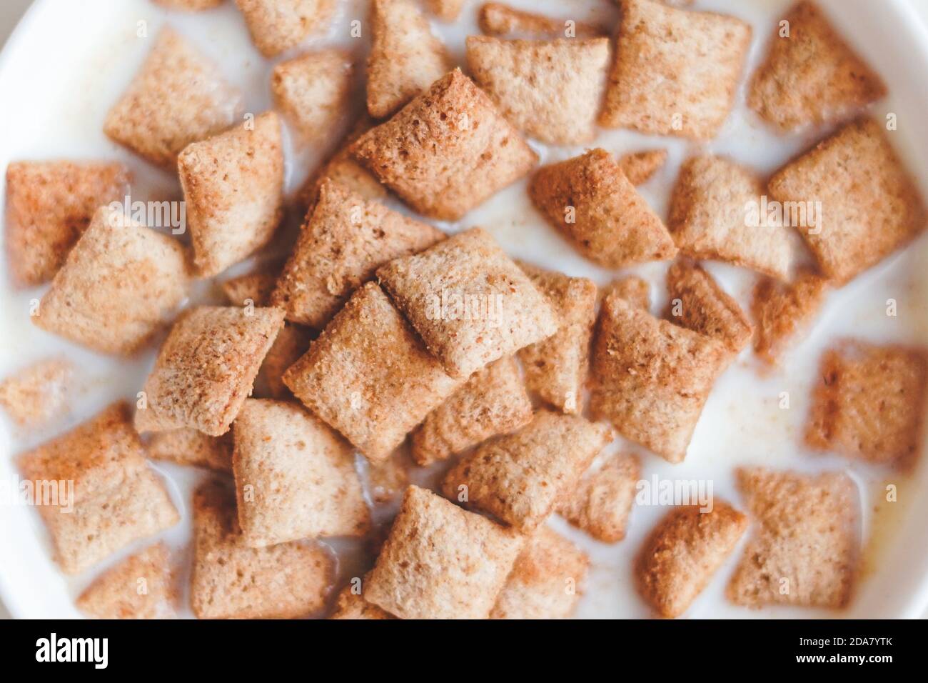 Trockene Frühstücksflocken mit Milch auf weißem Beton Hintergrund Stockfoto